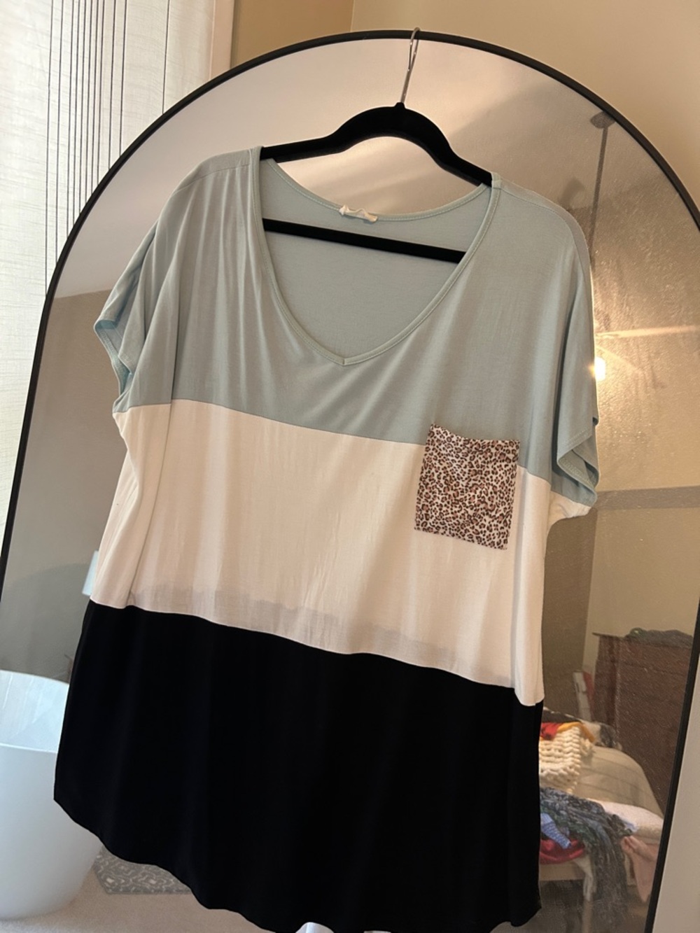 Colorblock V-Neck Tunic Top with Leopard Pocket - Light Blue/White/Black